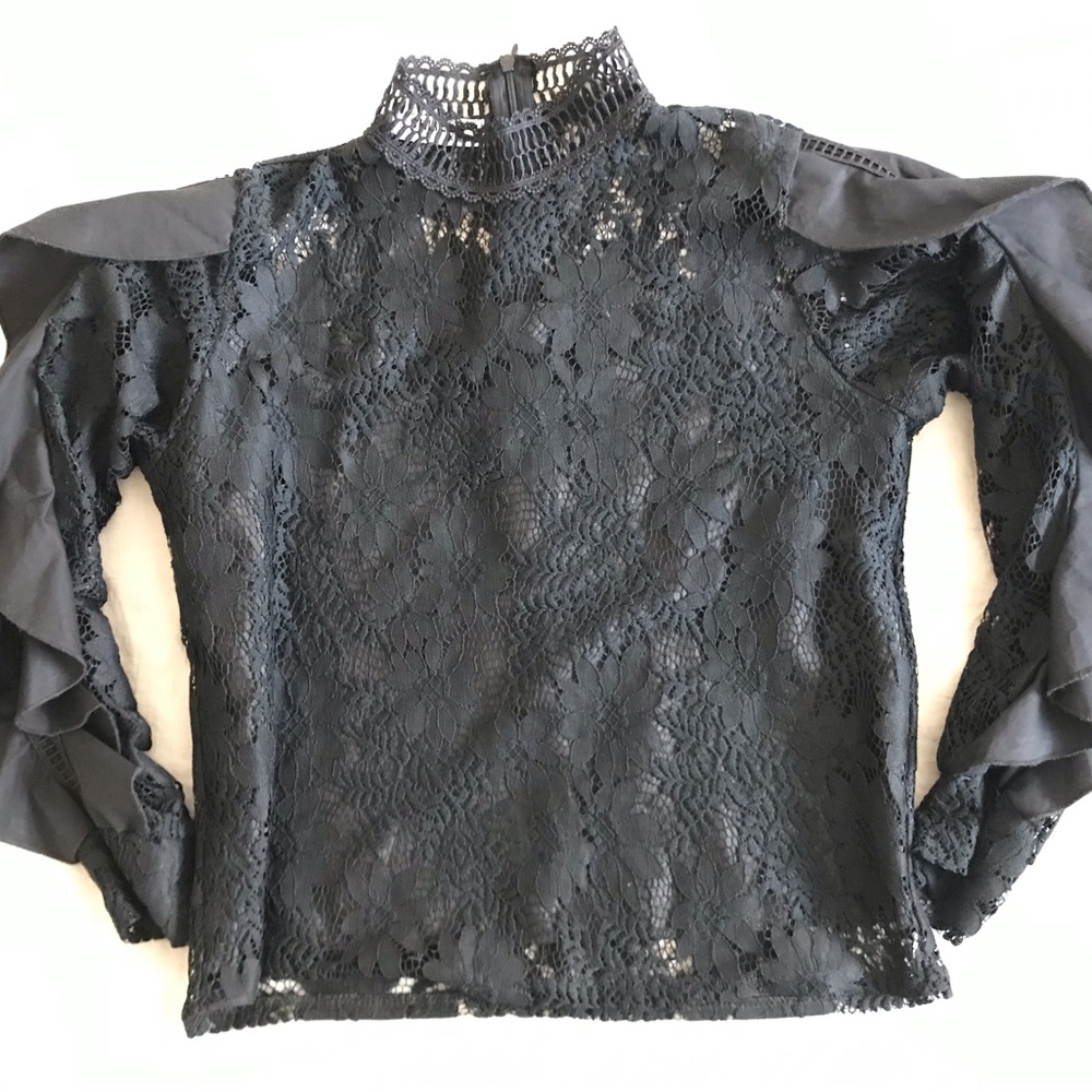 Beautiful Black Lace Top with Ruffle Sleeves By SHIRELY Size Medium - Picture 4 of 16